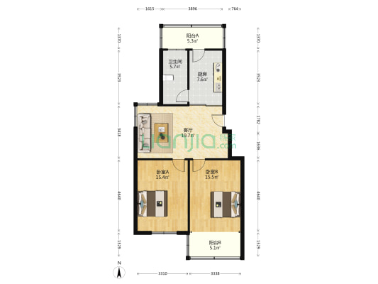 北洋桥宾馆 2室1厅1卫 86平方