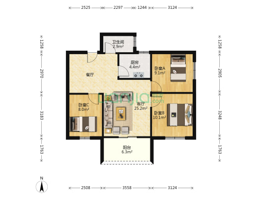 蚝岗小区 3室1厅1卫 81平方
