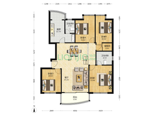 当代新华 4室1厅2卫 135平方