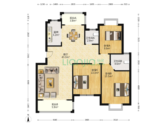 水木天成颐和源 3室1厅2卫 128平方
