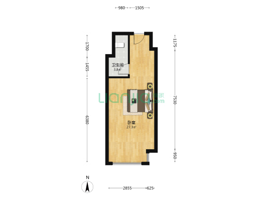 南向一居楼层好视野开阔采光充足设施齐全-户型图