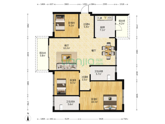 东湖世家 3室1厅2卫 142平方
