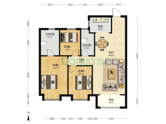 梦湖·澜庭 3室1厅2卫 121平方