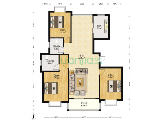 诸暨上海城 3室1厅2卫 139平方