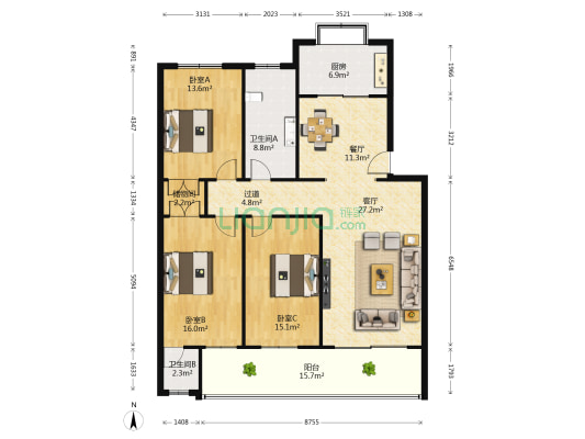联盟路701号 3室2厅2卫 131平方