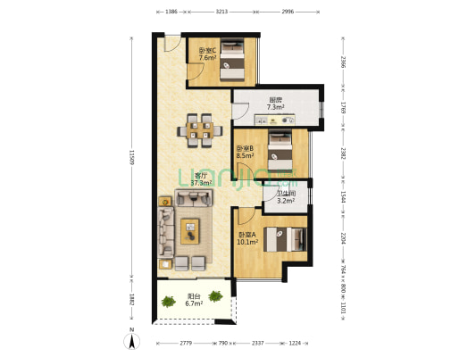京华中央御园 3室1厅1卫 83平方