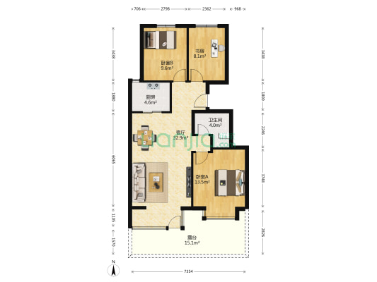 合景领峰8号院 3室1厅1卫 98平方