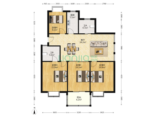 天和苑小区 4室1厅2卫 135平方