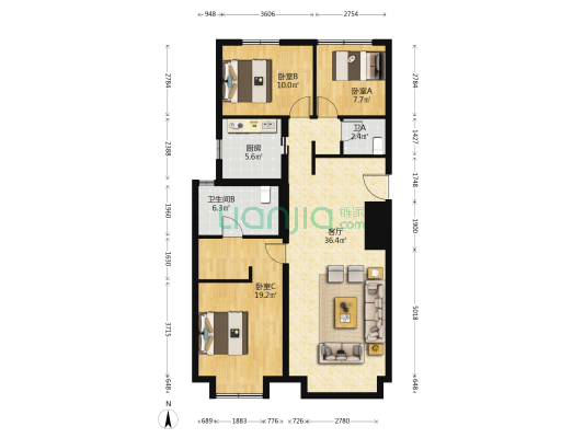 天竺悦府 3室1厅2卫 123平方