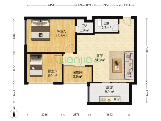 岭南雅居 2室1厅2卫 94平方