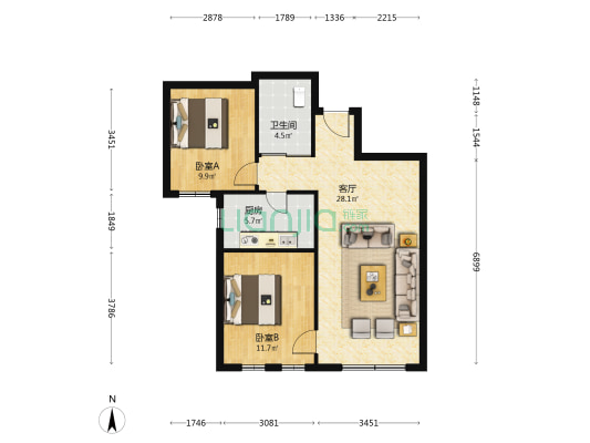 融创城融春园 2室1厅1卫 83平方