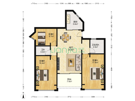东湖洲花园(C) 3室1厅2卫 100平方