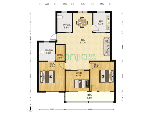 仁和小区 3室1厅2卫 124平方