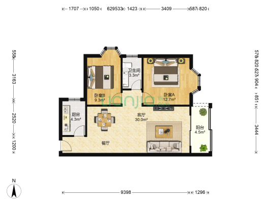 权晖花园 2室1厅1卫 75平方