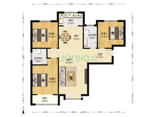 天赐良苑 3室2厅2卫 135平方