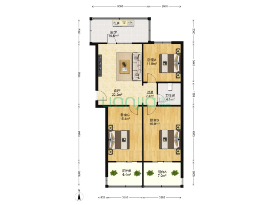 市委宿舍 3室1厅1卫 109平方