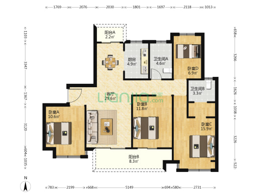宝馨花园 4室1厅2卫 136平方