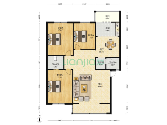 滨江花园 3室2厅3卫 142平方