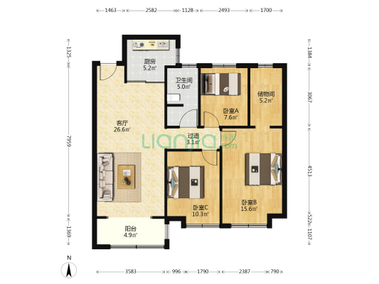 宏程国际广场 3室1厅1卫 120平方