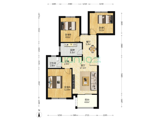 绿地海域苏河源(二期) 3室2厅1卫 91平方