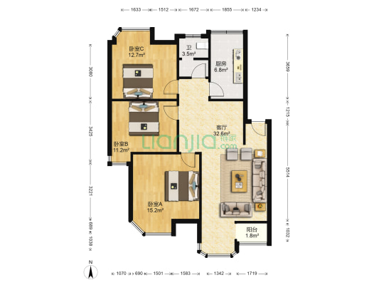 山水庭院西区 3室1厅1卫 96平方
