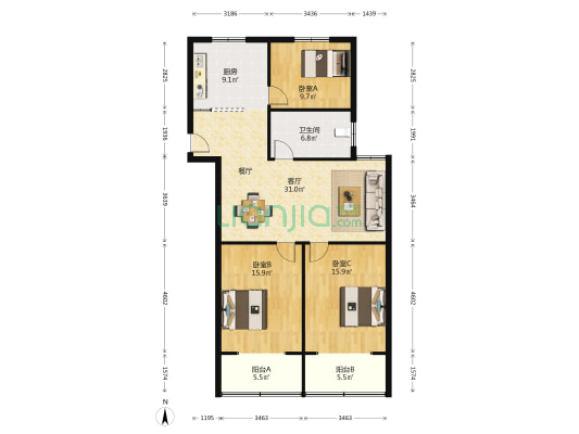 天福公寓 3室1厅1卫 115平方