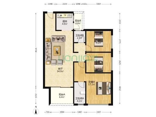 恒和华府 3室1厅2卫 106平方
