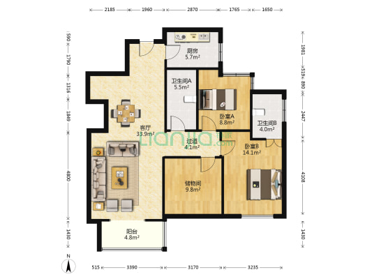 临东小区 2室1厅2卫 124平方
