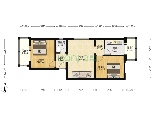 昊天大街81号院 2室1厅1卫 71平方