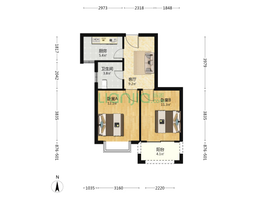 民航花园 2室1厅1卫 63平方