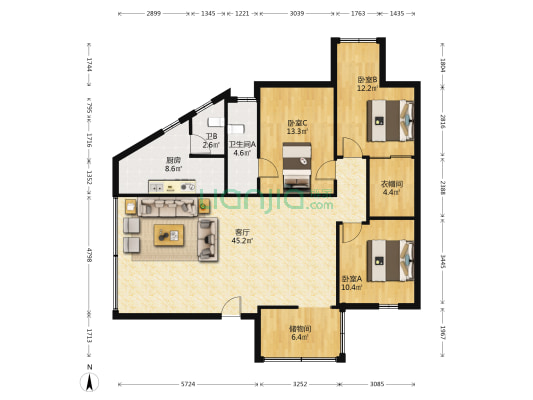 莲塘阁 3室1厅2卫 115平方