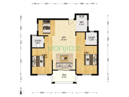 卧龙天香南园 3室1厅2卫 104平方