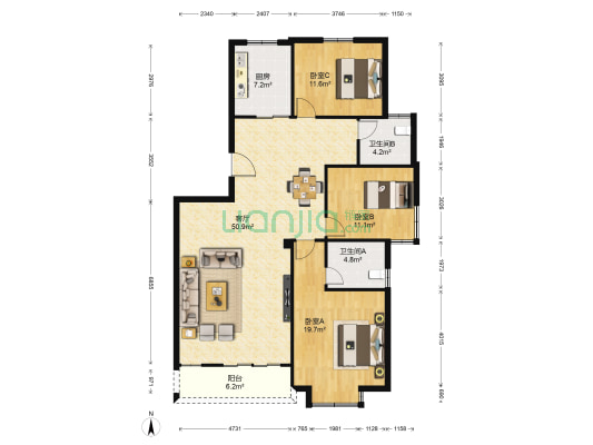 银桂苑 3室1厅2卫 136平方
