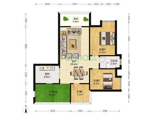 富力现代广场 3室1厅1卫 93平方