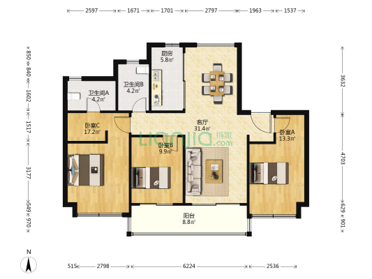 龙湖天璞雅筑一期 3室1厅2卫 118平方
