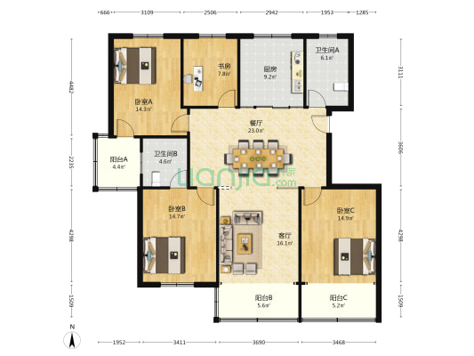 新华新村 4室2厅2卫 150平方