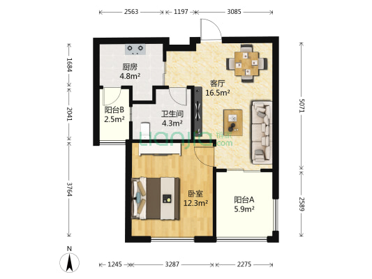 绿地21城D区 1室1厅1卫 56平方