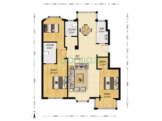 宏都筑景Ⅱ期 2室1厅2卫 130平方