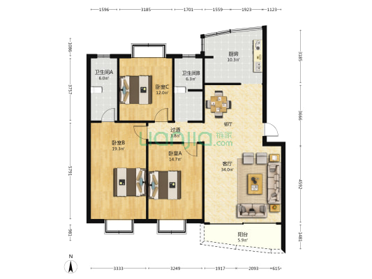 广西日报社厢悦园住宅小区 3室1厅2卫 129平方