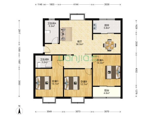 太湖小区 3室1厅2卫 121平方