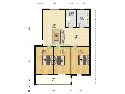 蓝钻领域 3室2厅1卫 138平方