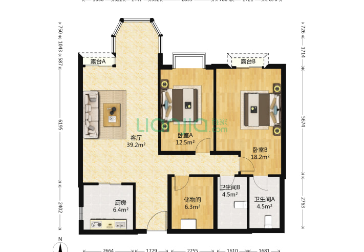2室1厅2卫123.26㎡-北京珠江帝景户型图