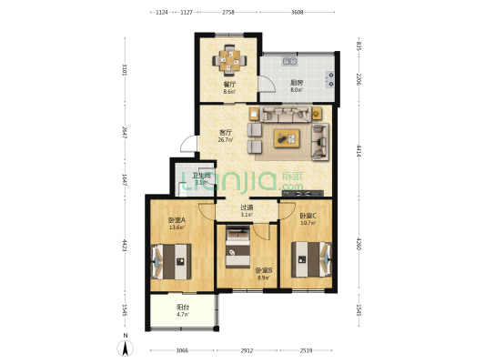 和平南路95号小区 3室2厅1卫 107平方