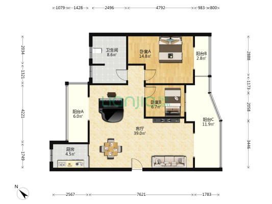 新城吾悦广场一期 2室1厅1卫 117平方