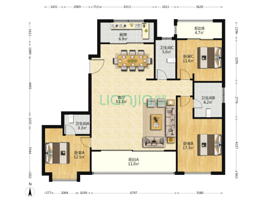 天朗熙湖 3室1厅3卫 166平方