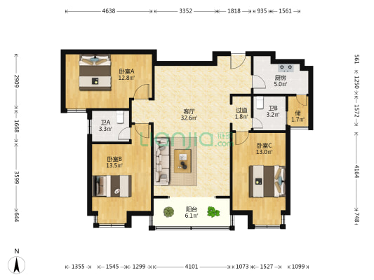 豫中桂园 3室1厅2卫 123平方