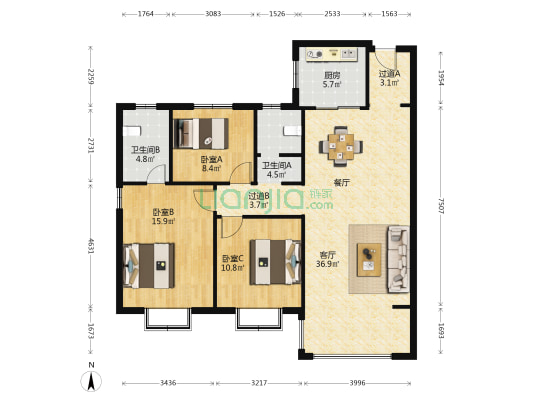 远洋万和公馆 3室1厅2卫 135平方