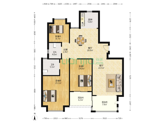 龙东湖沪宁中康山庄 3室2厅2卫 150平方