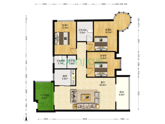 金地明珠 3室1厅3卫 129平方