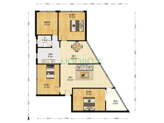 龙祥街 3室2厅1卫 134平方